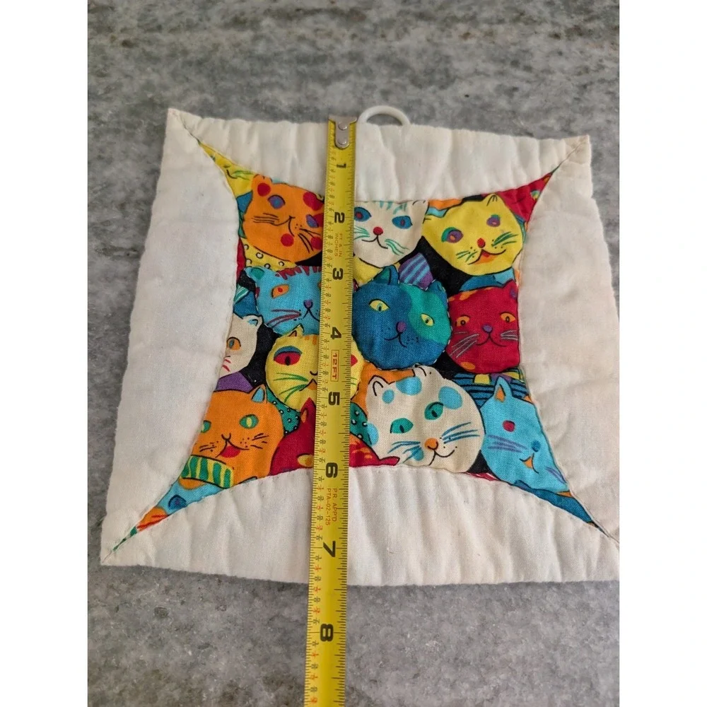 Vintage Quilted Cat Kittens Hot‎ Pad Pot Holder Hand Made Trivet Retro, 7.5in